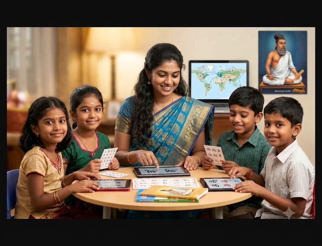 A teacher guiding students through an interactive Tamil lesson with tablets and flashcards