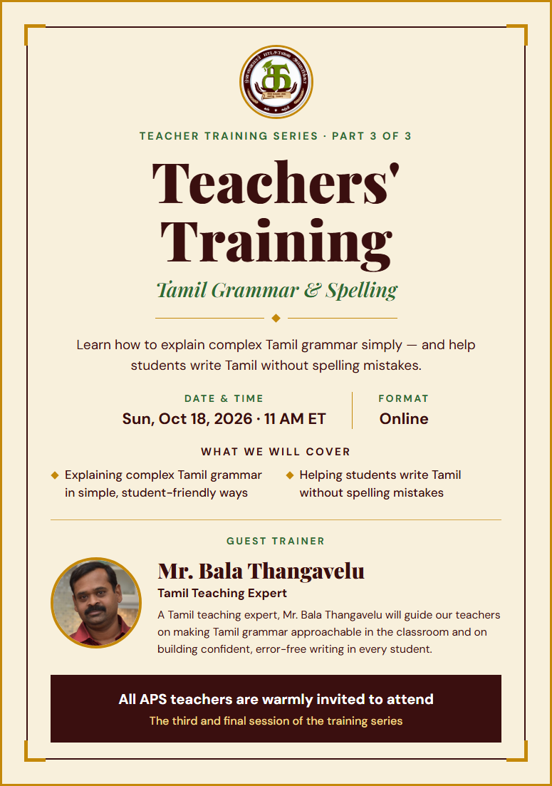 Teachers' Training — Tamil Grammar and Spelling — event flyer